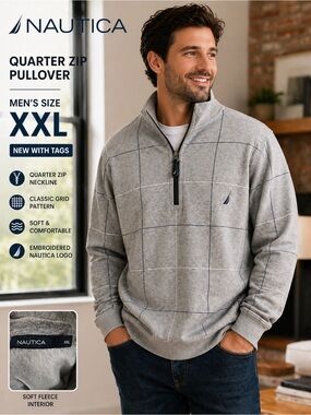 Nautica Men's Grey Grid Quarter-Zip Pullover